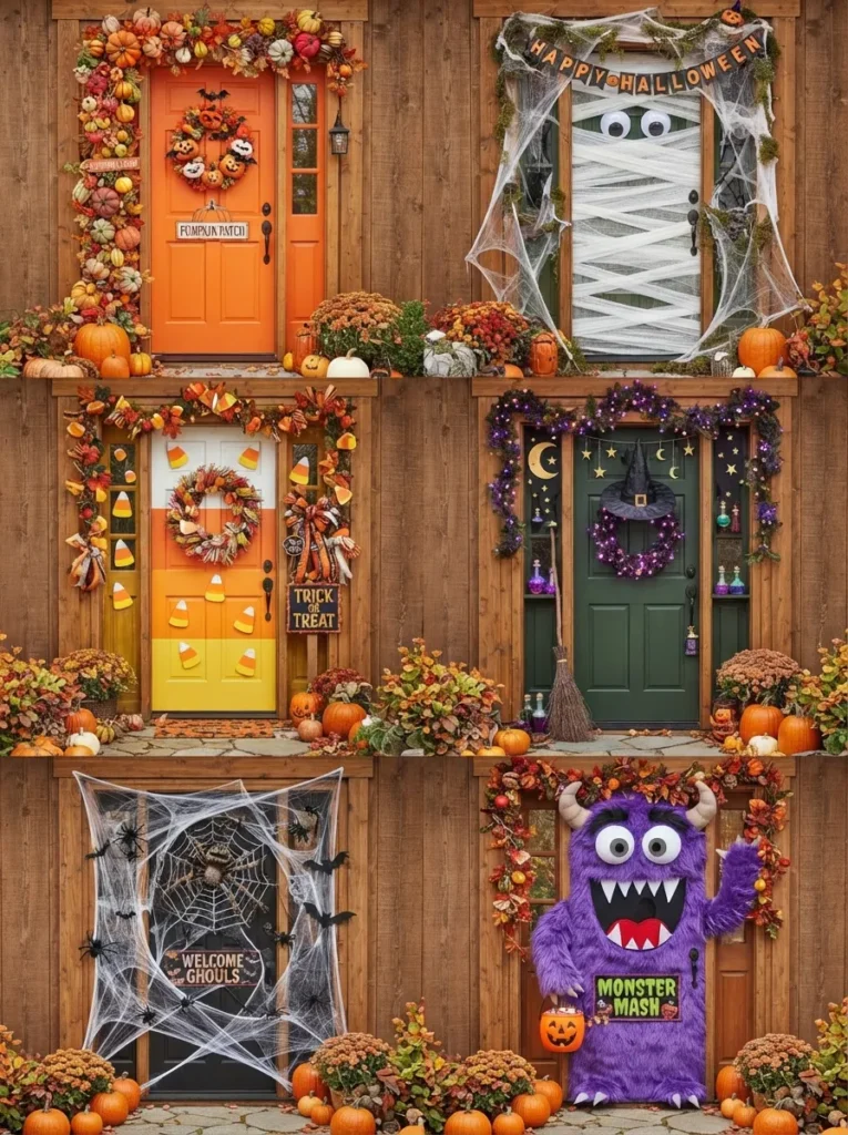 Collage of creative Halloween door contest themes and ideas