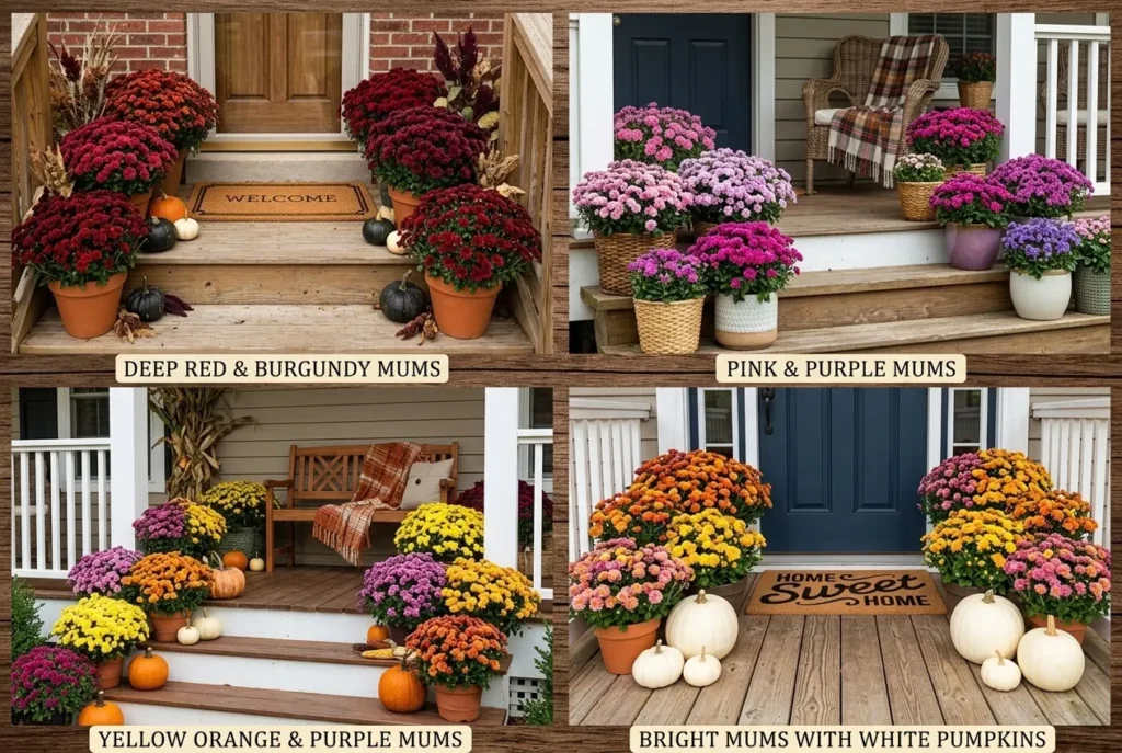 Four mum color plans for a fall front porch including burgundy, pink and purple, and yellow