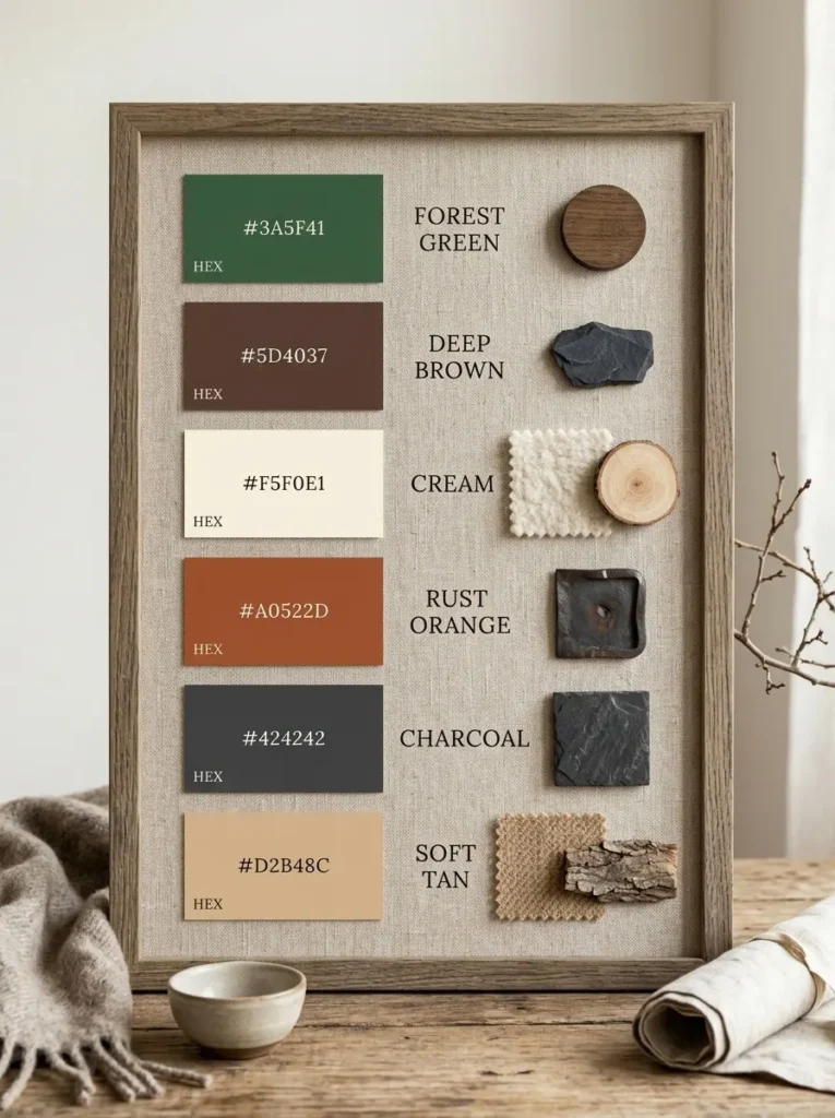 Color palette and materials for rustic cabin bathroom decor with greens, browns, and creams