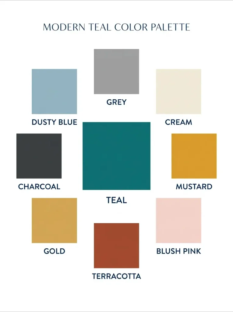  Color palette showing the best colors to pair with teal in a living room