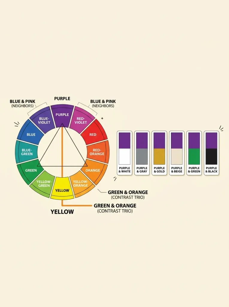 Color wheel showing the purple complementary color yellow next to six purple color combination palettes