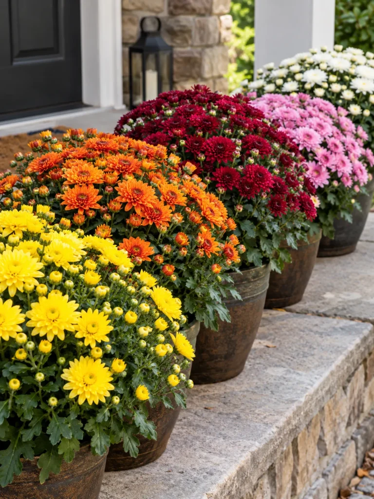 Colorful mums in yellow, orange, burgundy, and pink lined up on a front porch step
