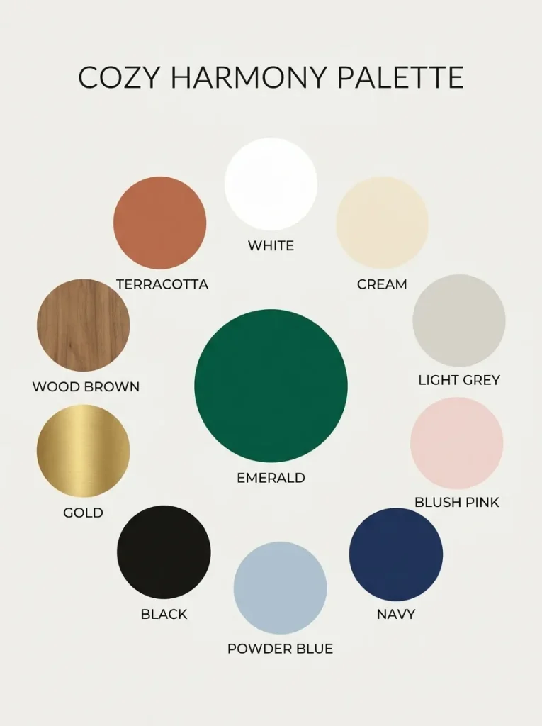 Colour palette of shades that go with emerald green in a living room
