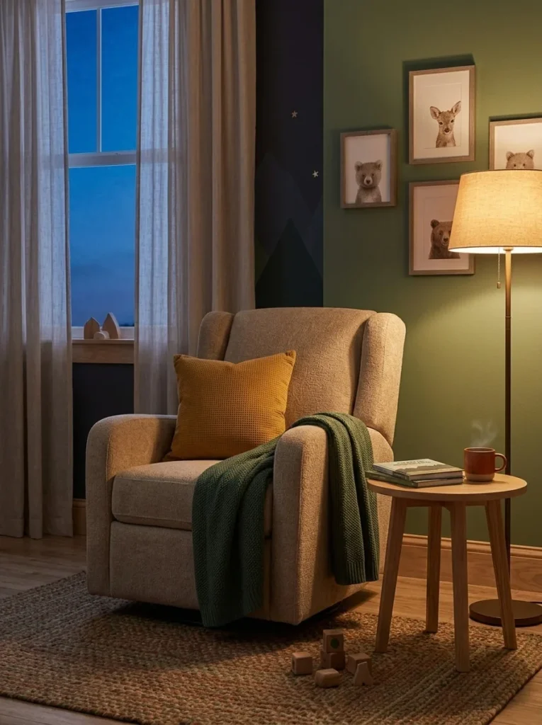 Comfortable glider chair with lamp in a baby boy bedroom nursery