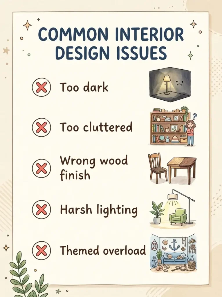 Common mistakes to avoid in cabin bathroom decor, including dark colors and clutter