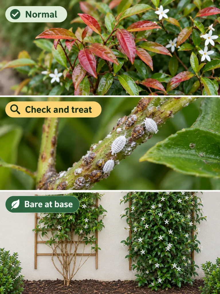  Common star jasmine trellis problems including red leaves, pests, and a bare base. F