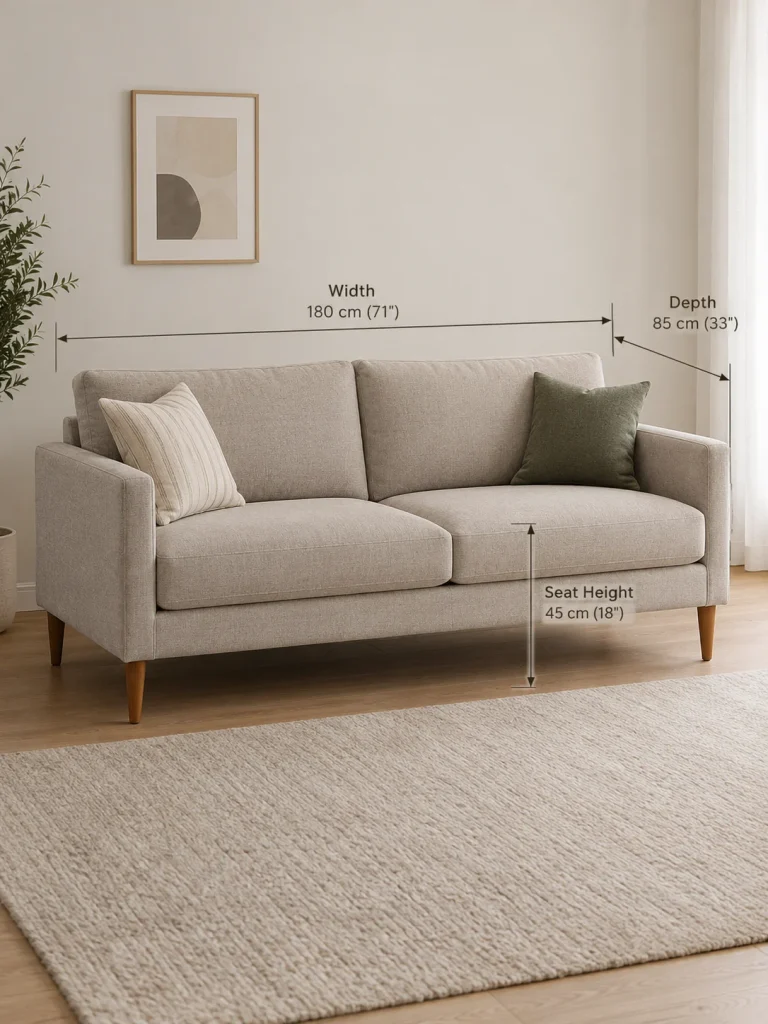 Compact fabric sofa with slim arms and raised legs showing width, depth, and seat height measurements