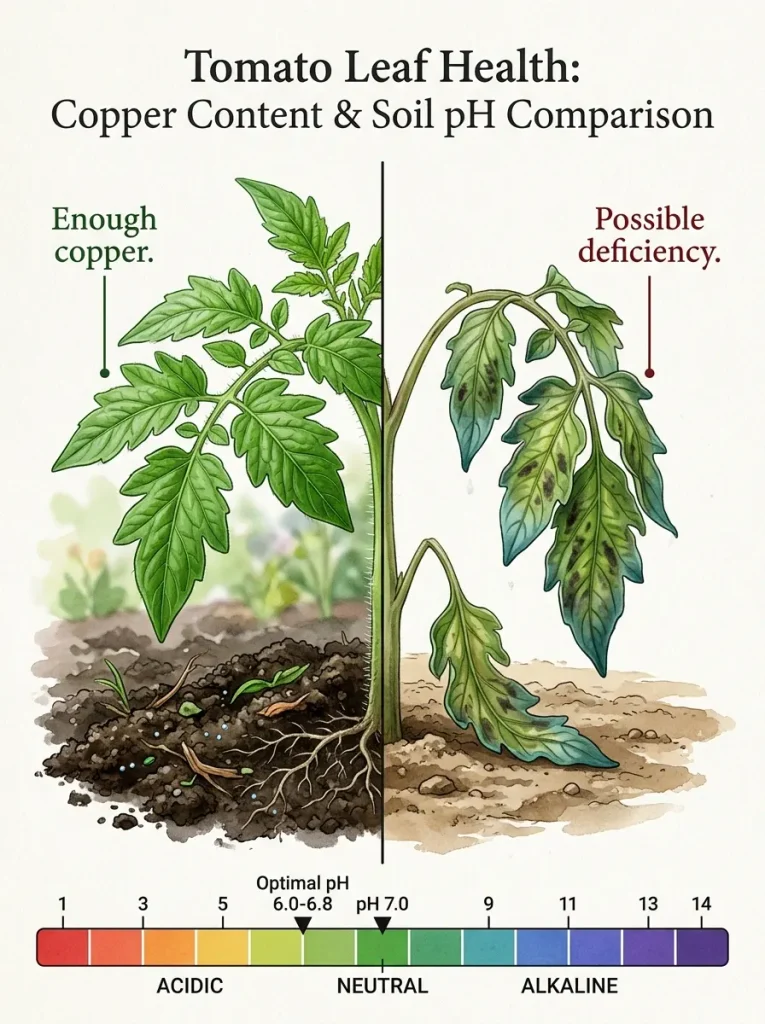 Comparison of a healthy leaf and a leaf showing possible copper deficiency with a soil pH scale