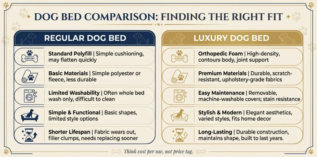 Comparison of a regular dog bed and a luxury dog bed showing support, fabric, and care