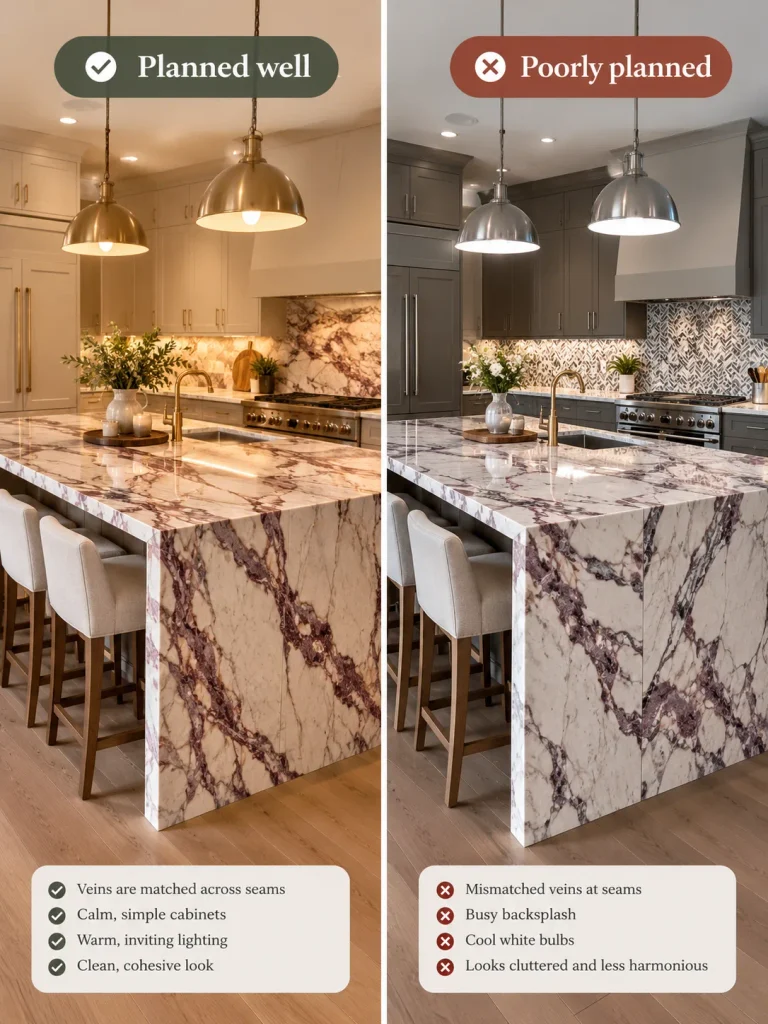 Comparison of a well planned and a poorly planned viola marble kitchen island with matched and mismatched veining