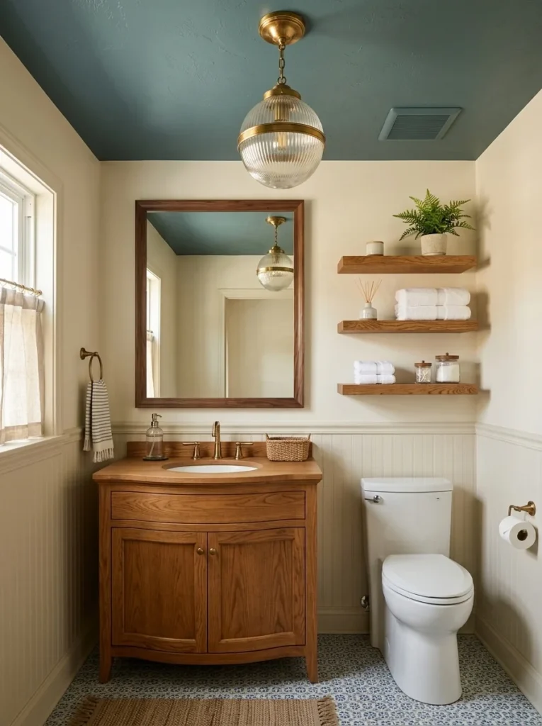 Complete bathroom with ceiling decor, sink, mirror, and decor over toilet working together