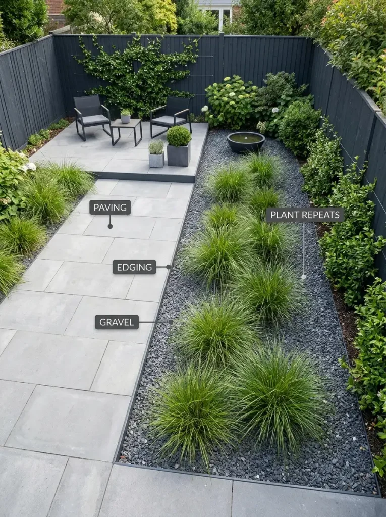 Contemporary garden design with paving, edging, gravel, and repeated plants.