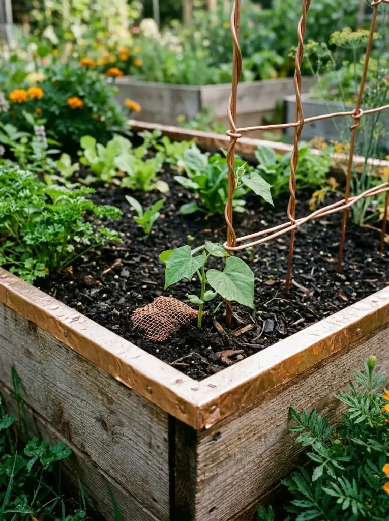 Copper tape on a raised bed edge, copper mesh near a seedling and a copper wire trellis in a vegetable garden