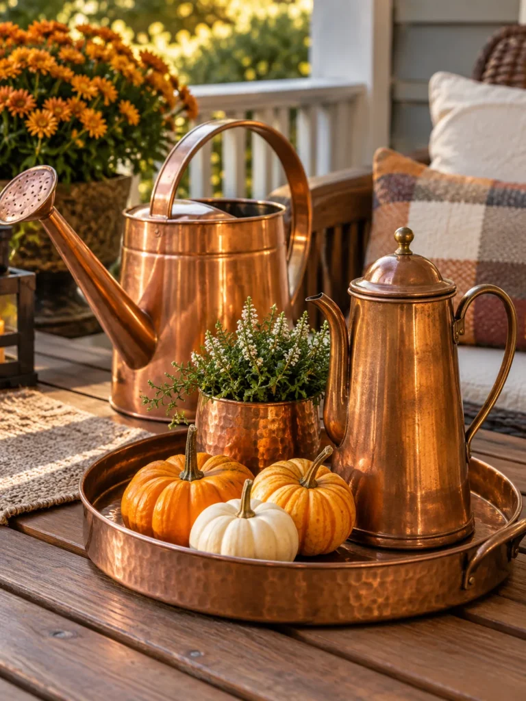 Copper watering can and tray with mini pumpkins used as fall porch accents