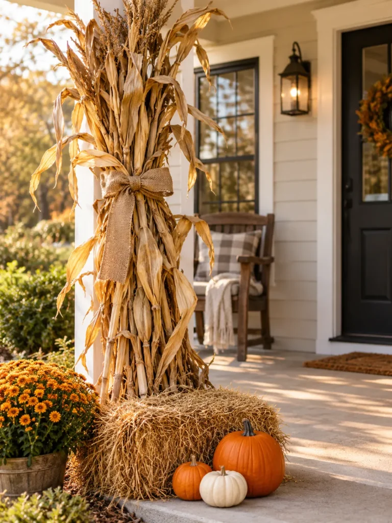 Cornstalks tied to a porch post with hay bale and pumpkins for traditional fall front porch decor