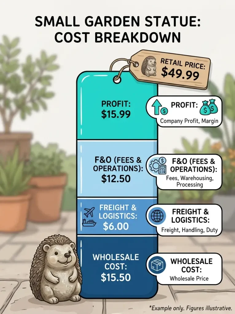 Cost breakdown infographic for a small garden statue showing wholesale price, freight and retail margin