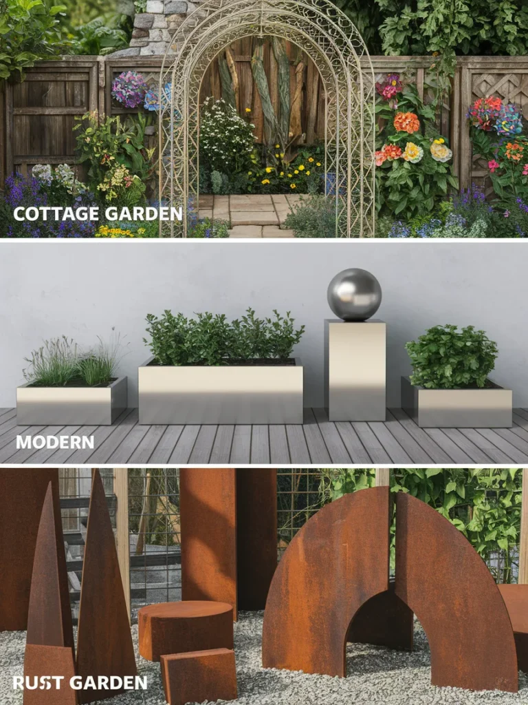 Cottage, modern, and rustic garden styles using garden decor metal