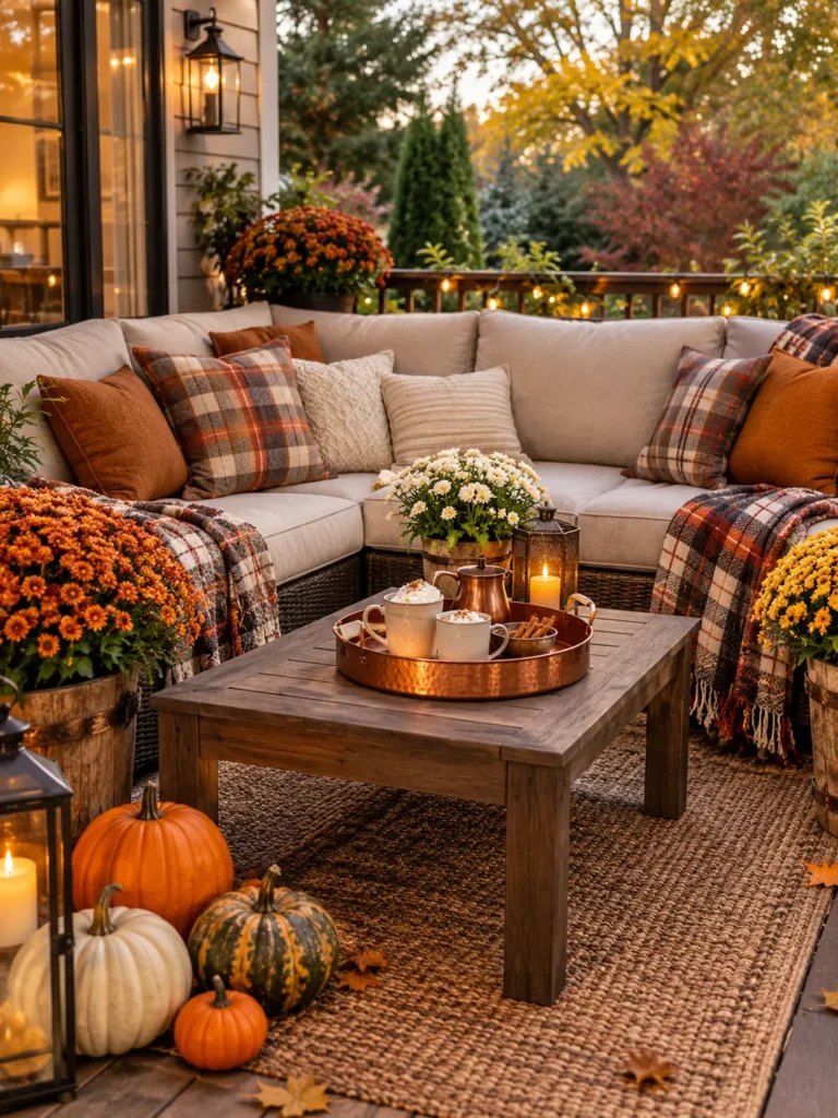 Cozy fall patio with throw blankets, pillows, mums, and pumpkins