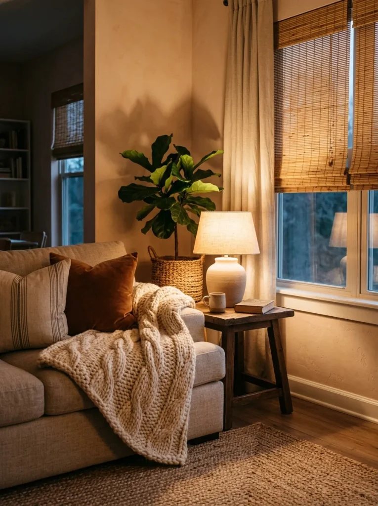 Cozy farmhouse living room corner with knit throw, warm lamp light, linen curtains, and woven shades