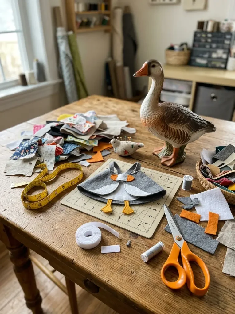 Craft table with fabric and tools for making porch goose outfits and a goose statue for sizing