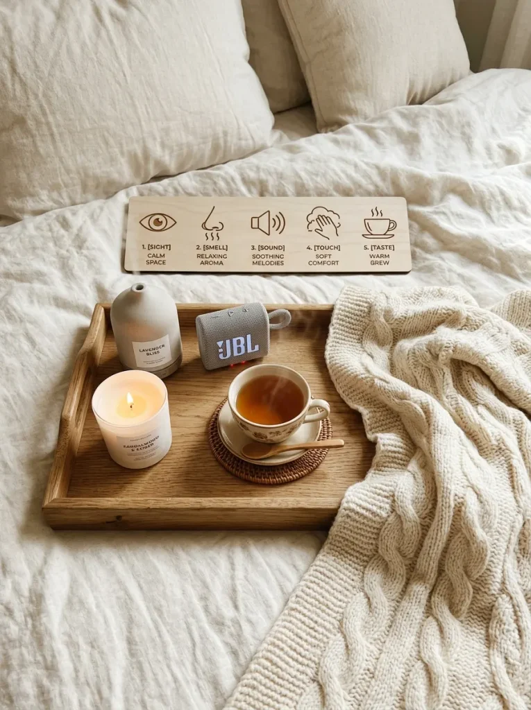 Five senses of a romantic bedroom shown with candle, speaker, throw, and tea.