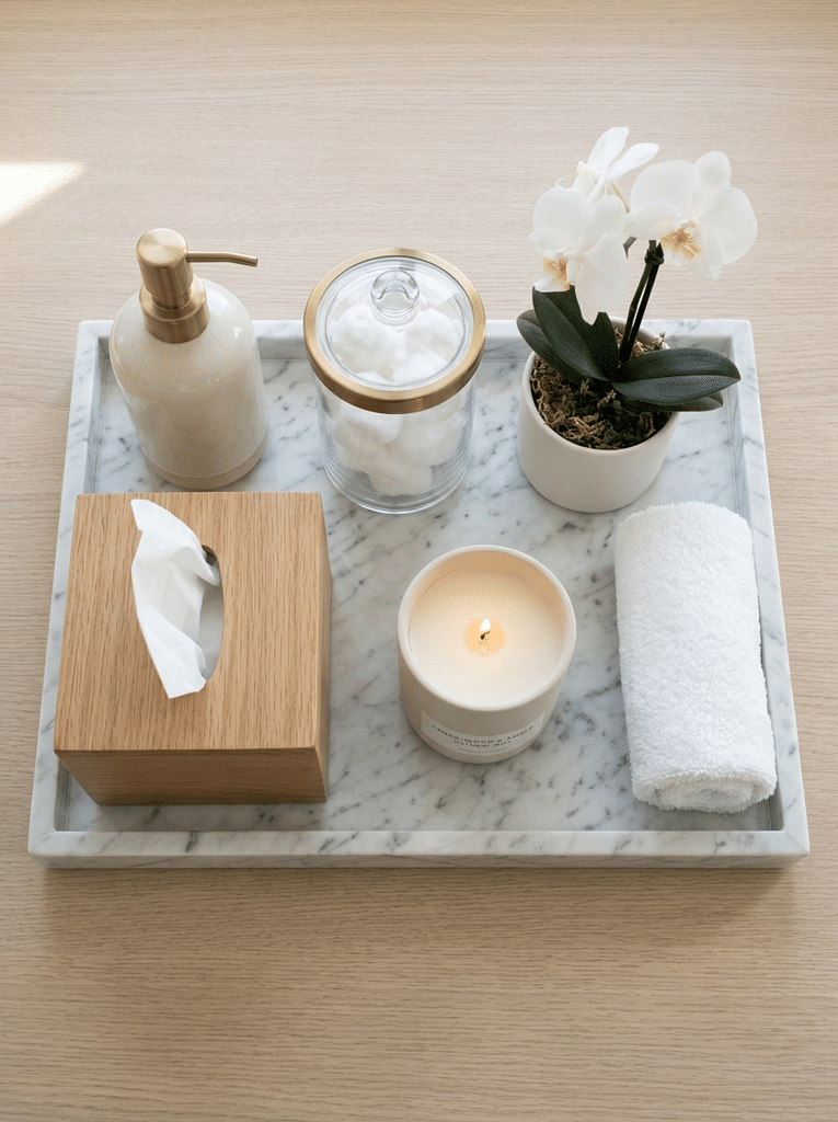 Matching bathroom accessories styled on a marble tray.
