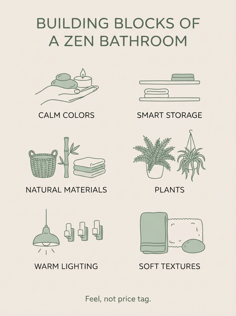  Six building blocks of budget zen spa bathroom decor shown as an infographic