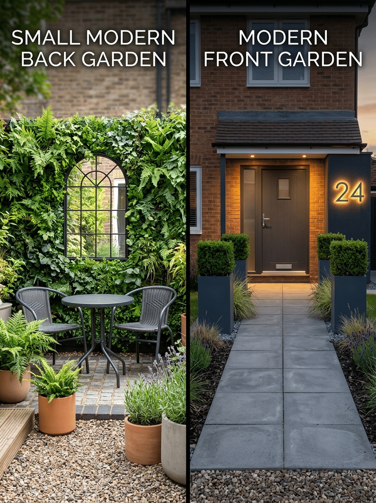 Small modern garden ideas beside a modern front garden design.