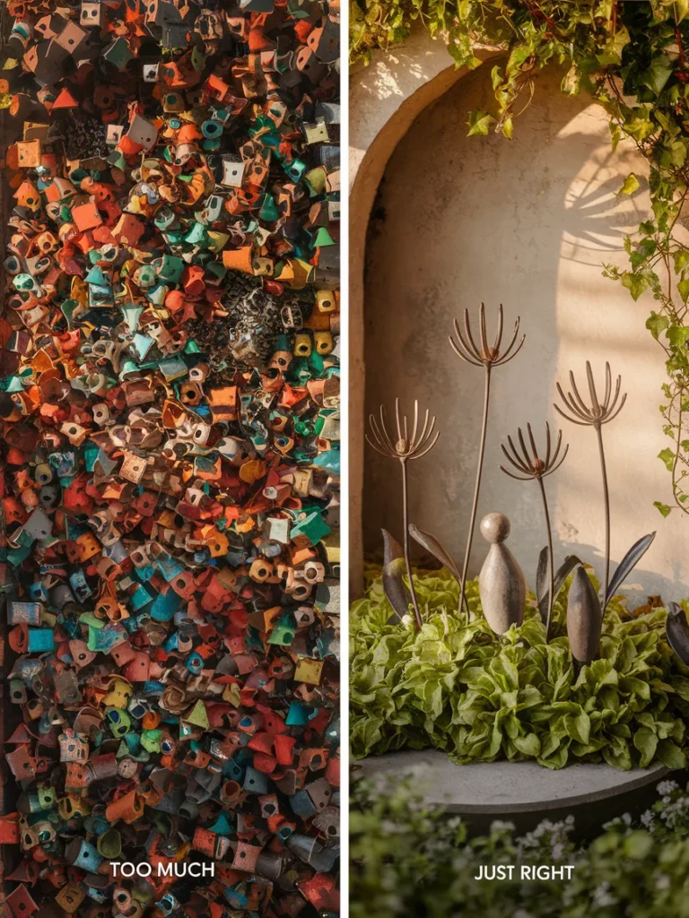 Crowded versus balanced garden decor metal comparison showing common styling mistakes