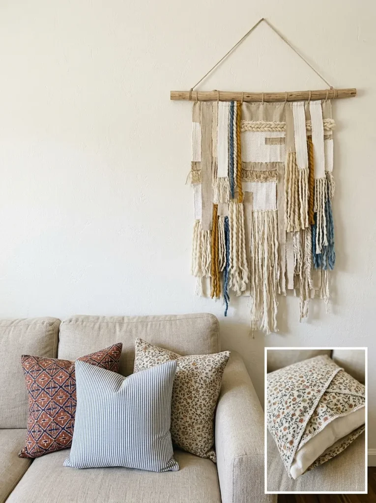 DIY fabric wall hanging and DIY throw pillow covers styled on a living room sofa.