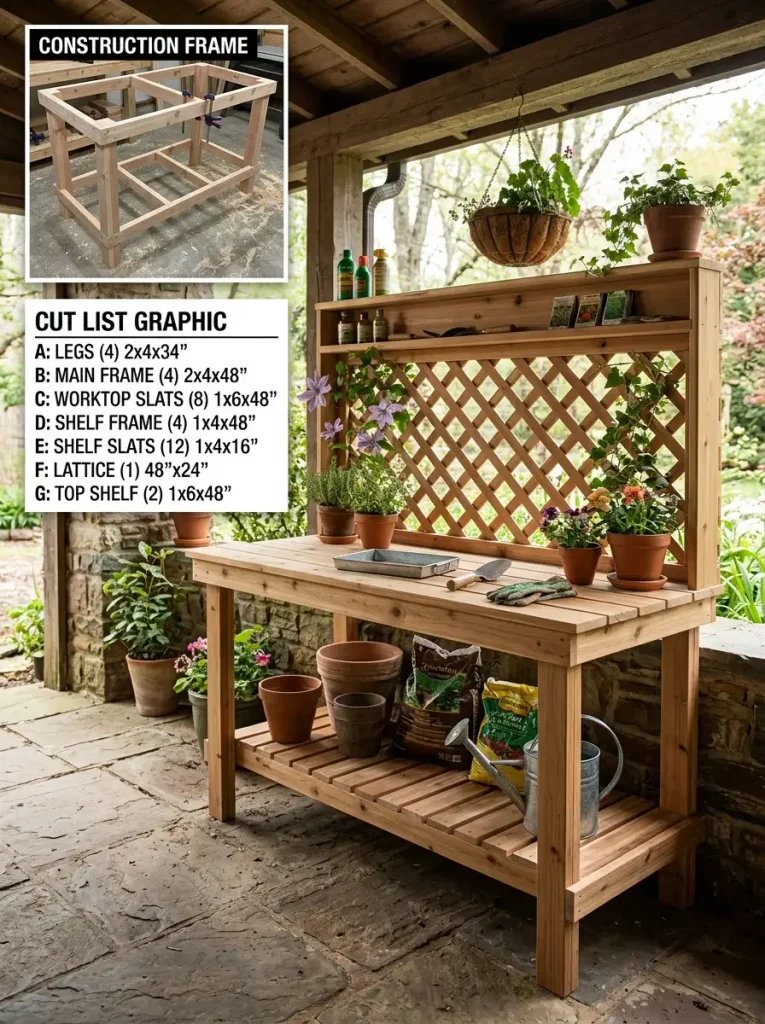 DIY gardening table with lattice back and shelf built from treated lumber