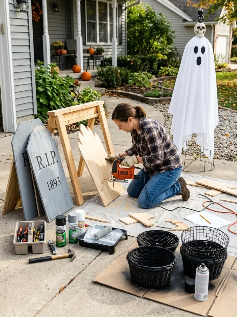 DIY outdoor Halloween decor project with painted gravestones, tomato cage ghost, and thrifted items