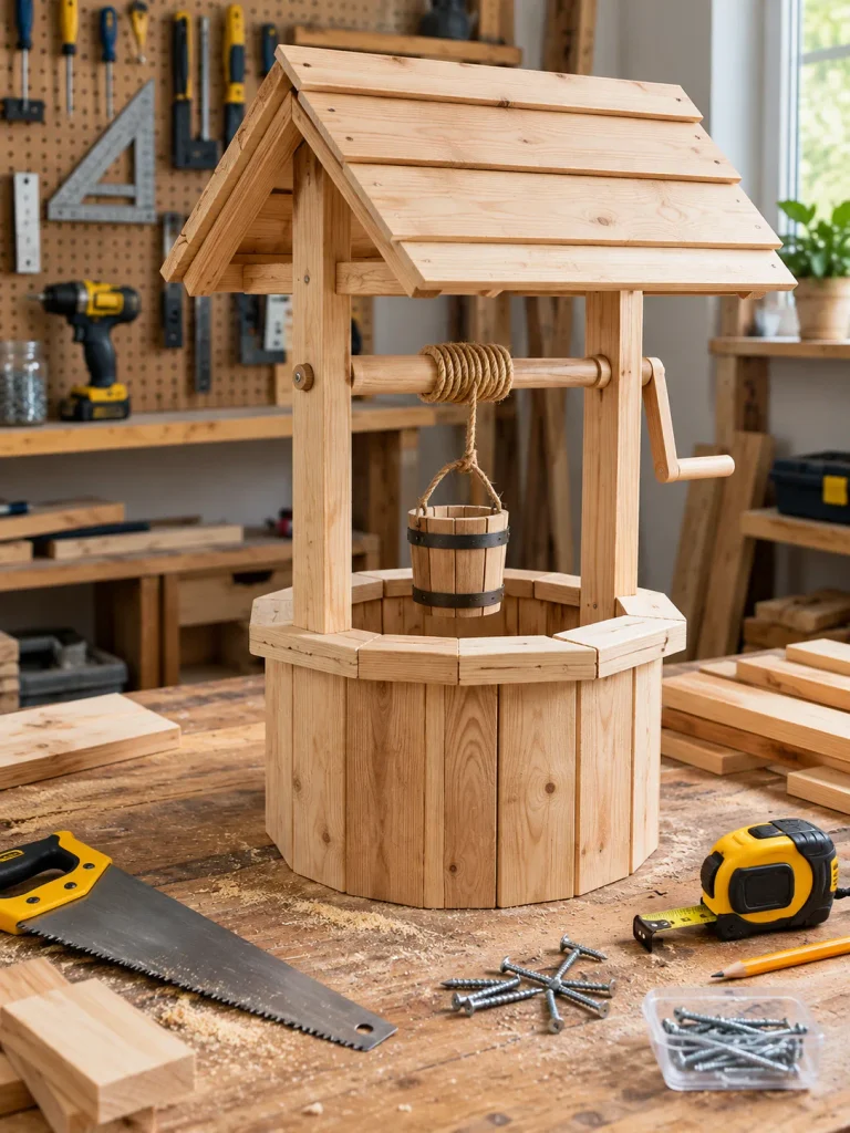 DIY wishing well being built on a workbench with basic tools