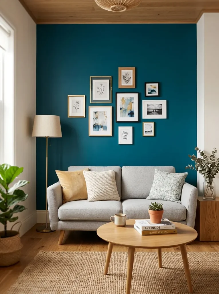 Deep teal accent wall behind a light sofa in a living room