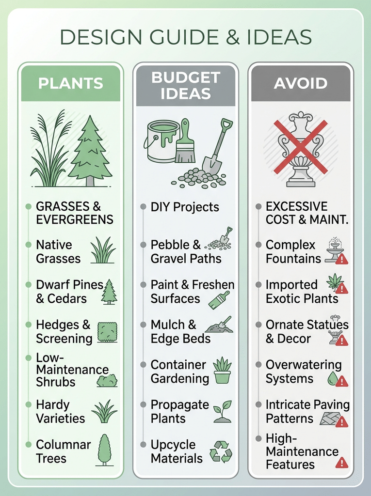 Low maintenance plants, budget tips, and mistakes to avoid in a modern garden.
