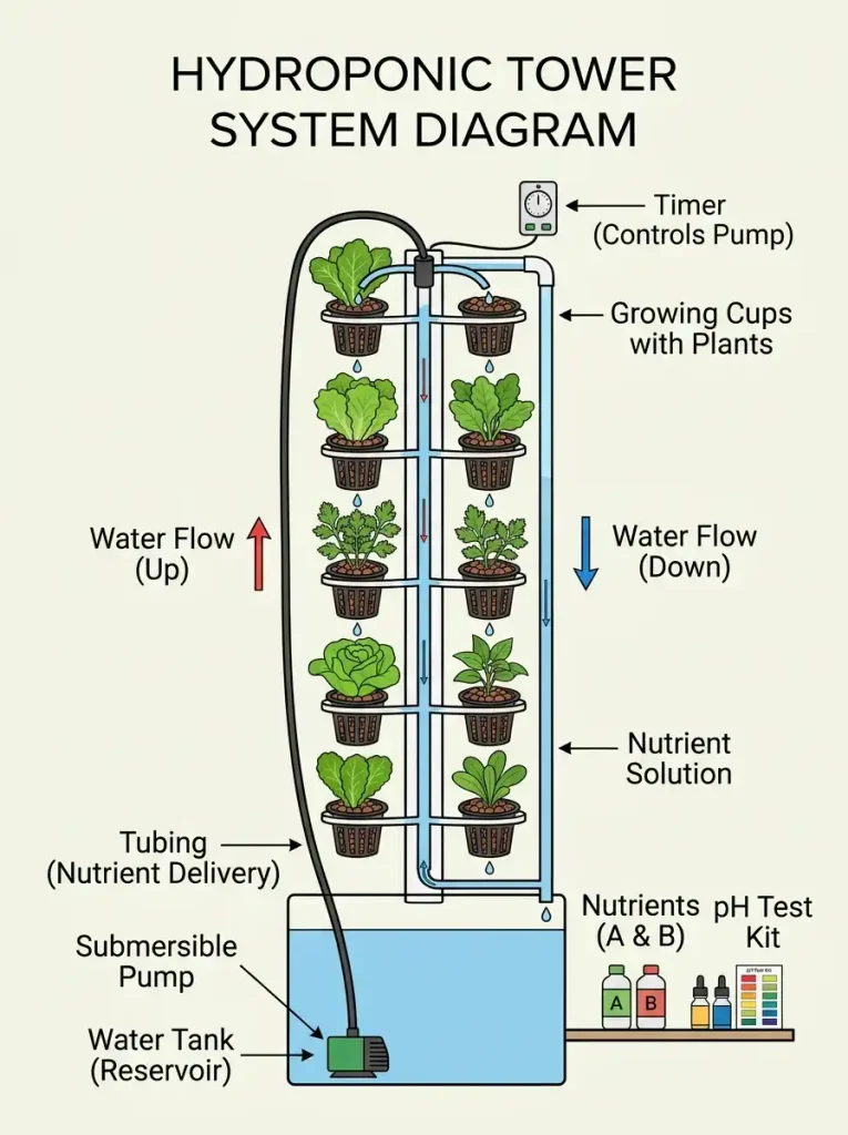 Diagram of how a hydroponic gardening tower circulates water to plants.