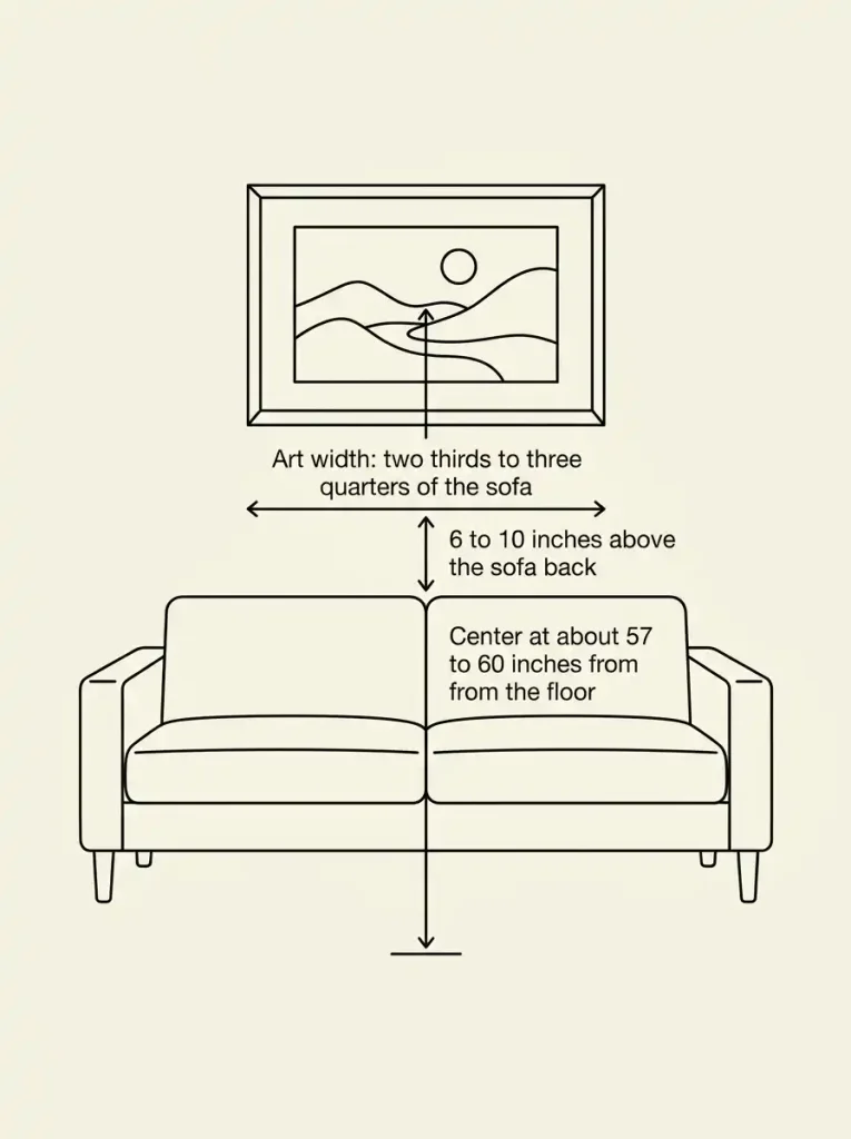 Diagram showing how to size and hang Christian wall art above a sofa