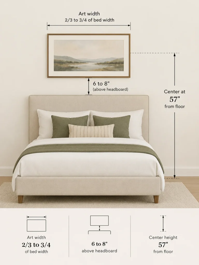 Diagram showing how to size and hang art above a bed.