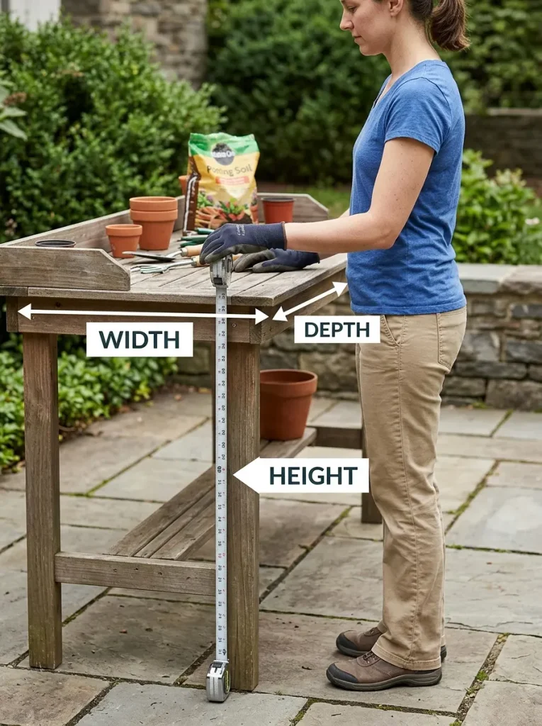 Diagram showing the right height and size for a gardening table