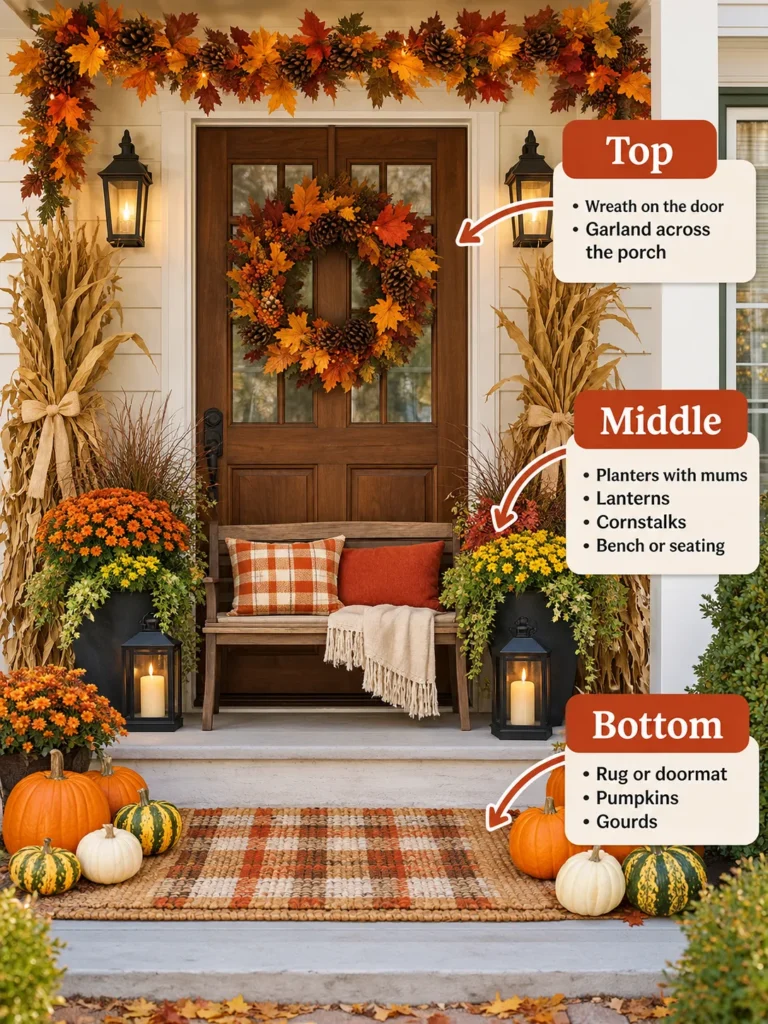 Diagram showing the three layers of fall porch decor: top, middle, and bottom