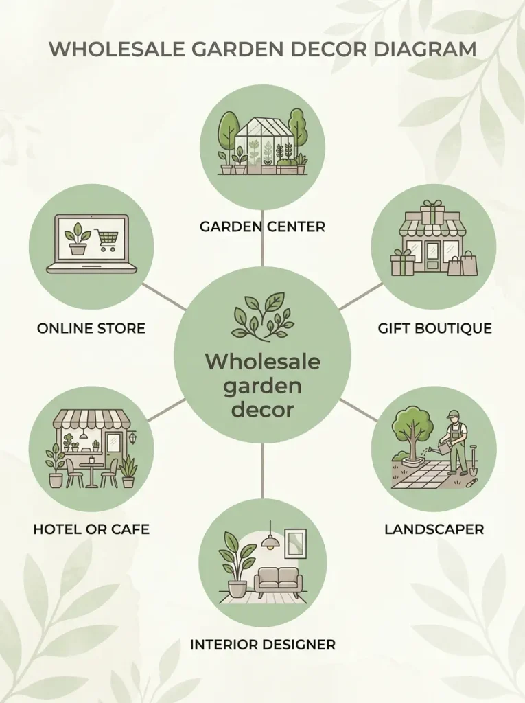 Diagram showing who buys wholesale garden decor, including garden centers, boutiques, landscapers and designers