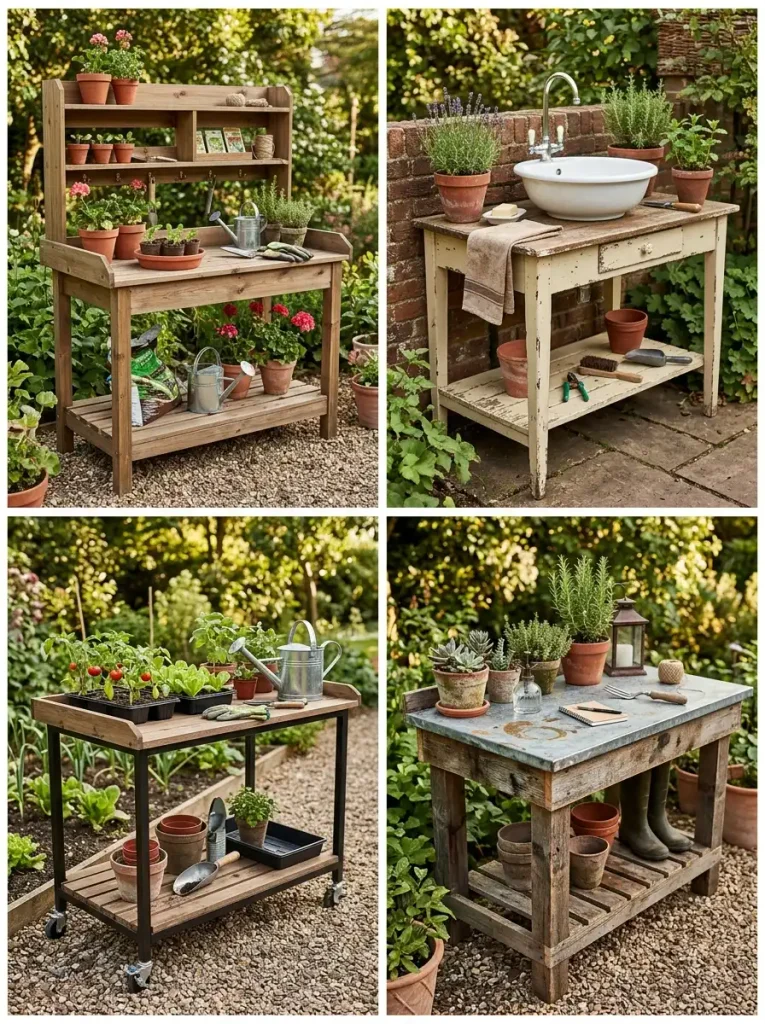 Different types of gardening tables including potting bench, sink table, and portable table