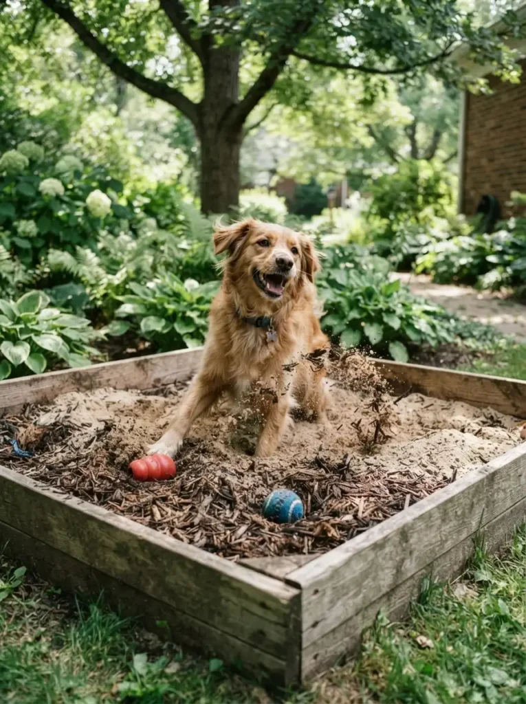 Dog digging in a dedicated garden dig zone filled with sand