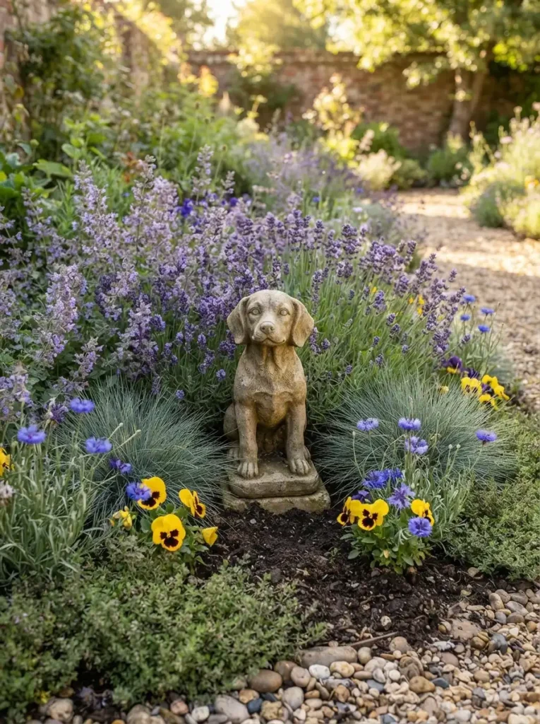 Dog safe plants like lavender and catmint surrounding dog garden decor
