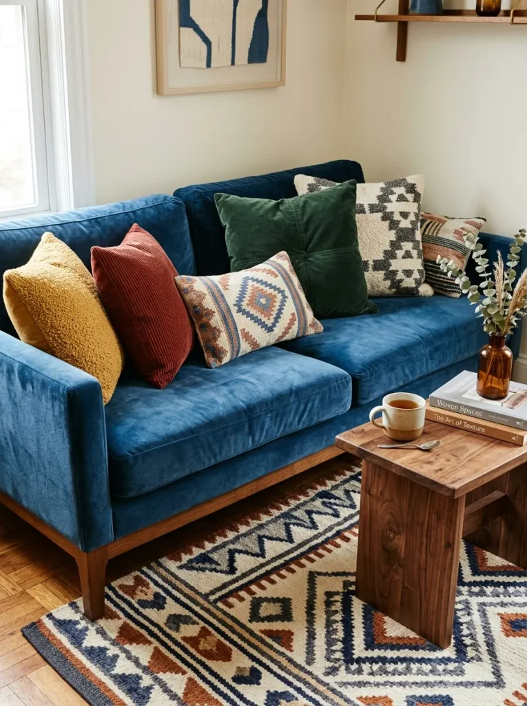 Dopamine decor ideas using layered textures, pattern mixing, and a velvet sofa in a living room.
