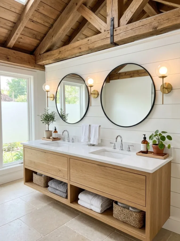 Double sink bathroom decor ideas with two mirrors, matching sconces, and a wood ceiling