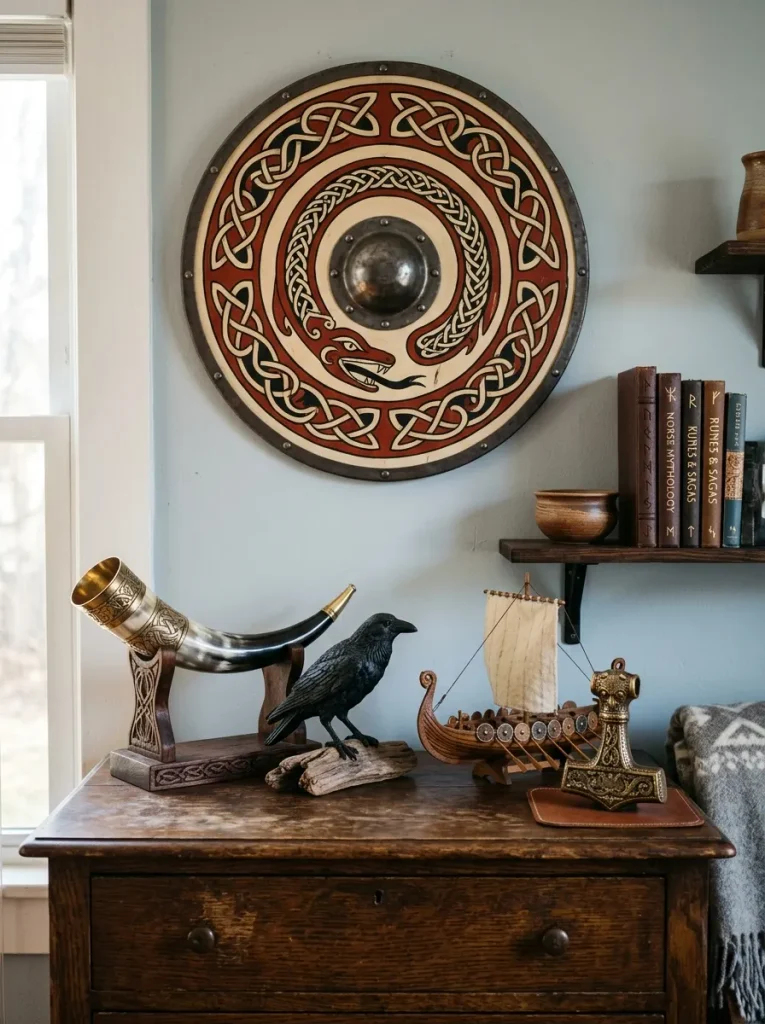 Drinking horn, raven figure, and longship model as Norse viking bedroom decor accents