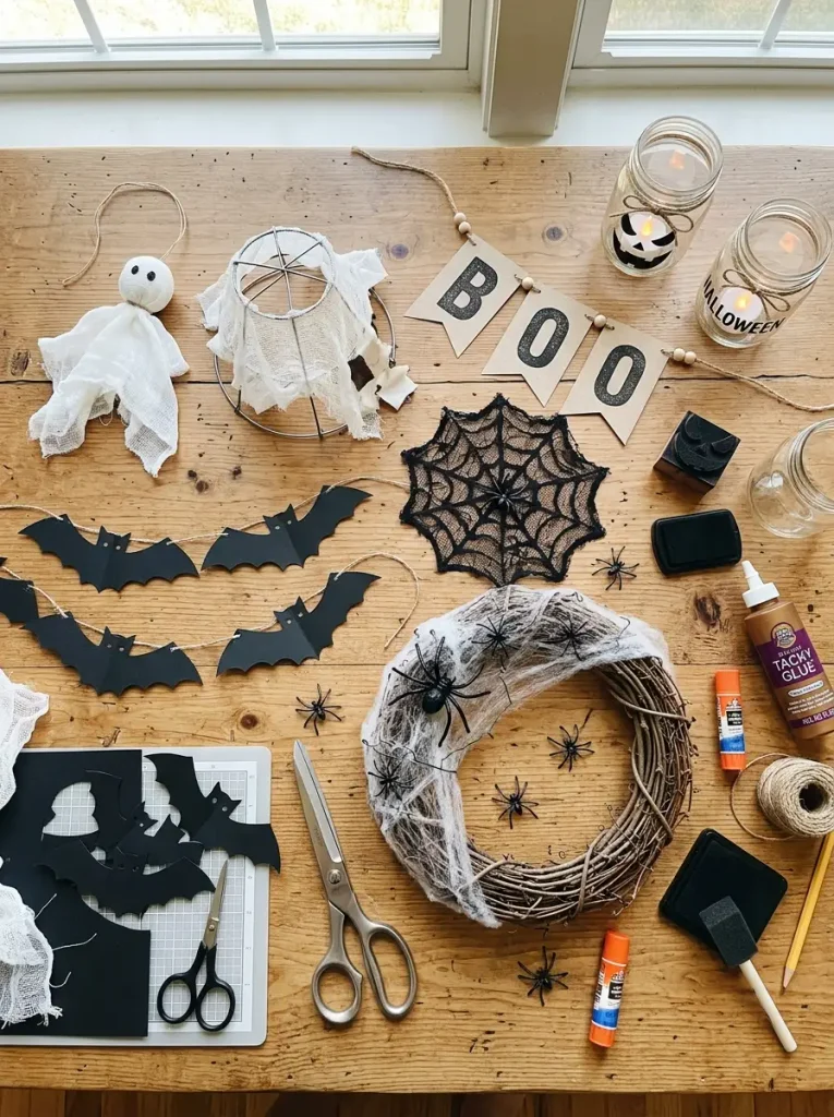 Easy DIY Halloween decorations indoor including ghosts, bats, a wreath, and a banner.