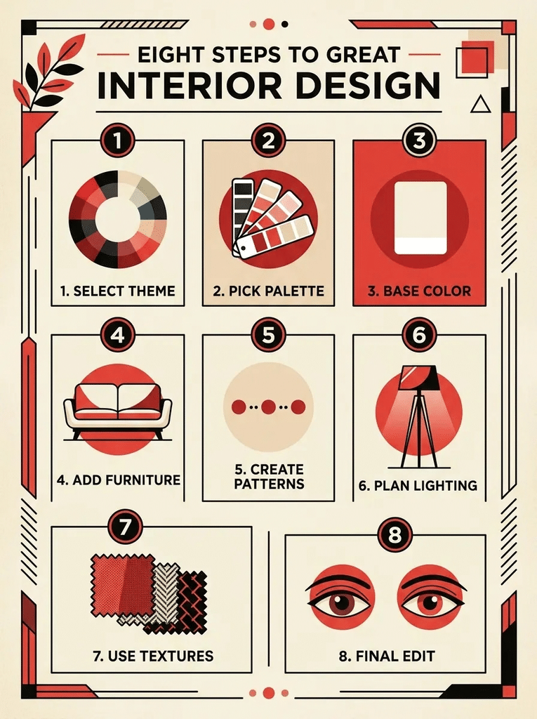 Eight step plan for decorating a red and black living room