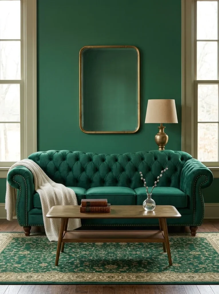  Emerald green and gold living room decor with brass mirror and velvet sofa